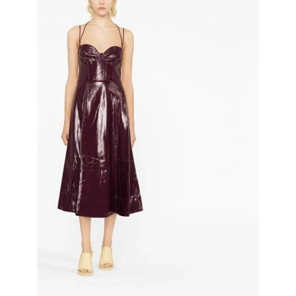 Staud Women Abstract Plum Burgundy Corset Faux Leather Midi Dress